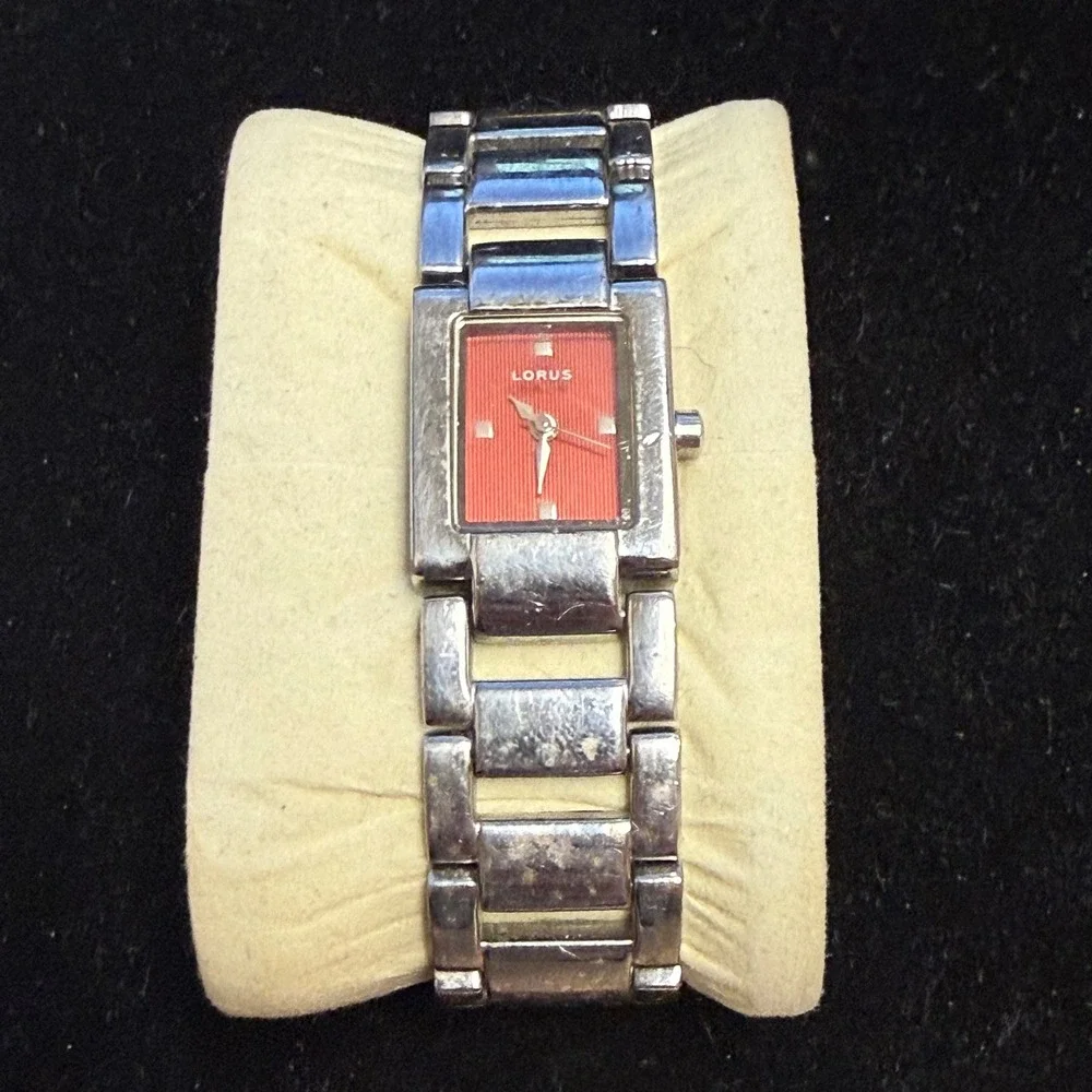 Lorus Womens Watch Silver Tone Rectangle Case Red Textured Dial Japan Movt Works